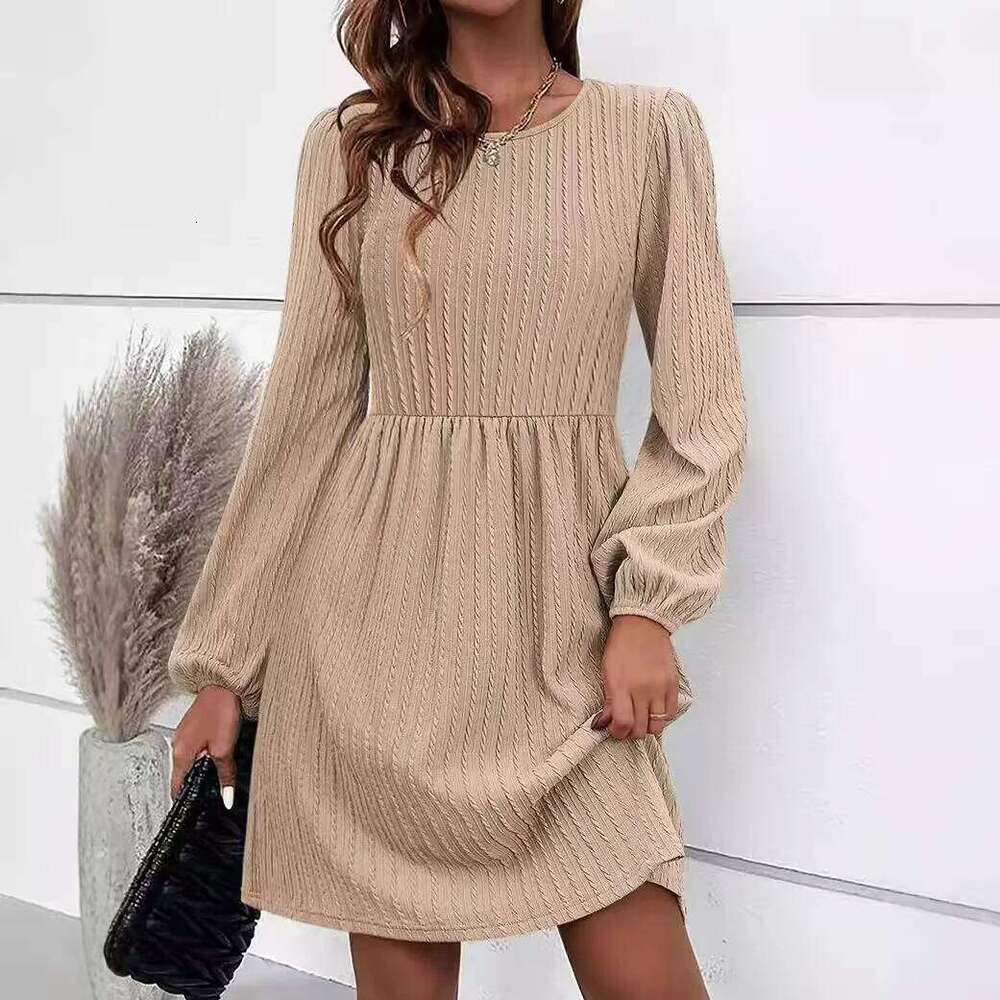 Women'S Fashion Comfort Round Neck Pocket Knitted Long Sleeve A-Line Dress With Pockets Solid Color Casual Versatile Z260313