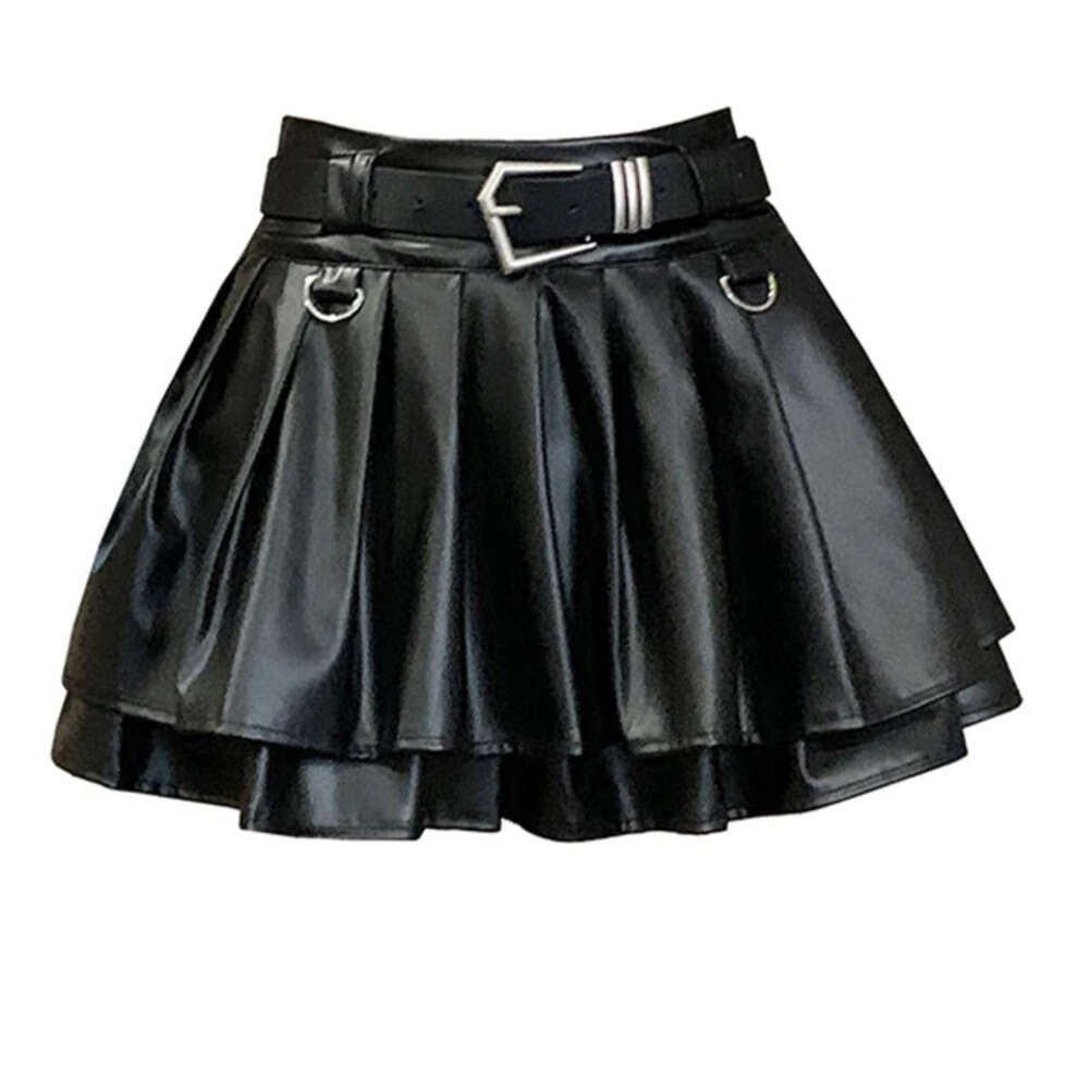 Women Black A-line Leather Vintage Aesthetic Y2k Pleated Harajuku Korean Gothic Mini Skirt Emo 2000s Clothes Summer Z260314