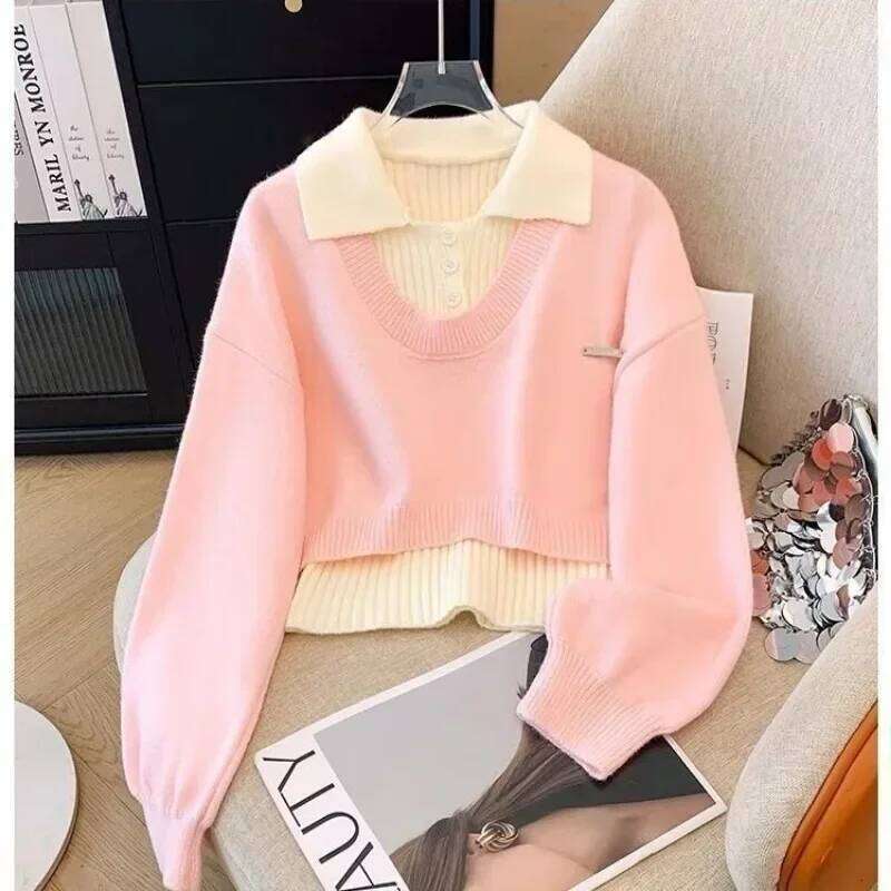 Y2k Two-piece Set Women Knitted Sweater Harajuku Autumn Winter Coat Design Trend Tops Collegiate Pullovers Suits Short Outerwear Z260313