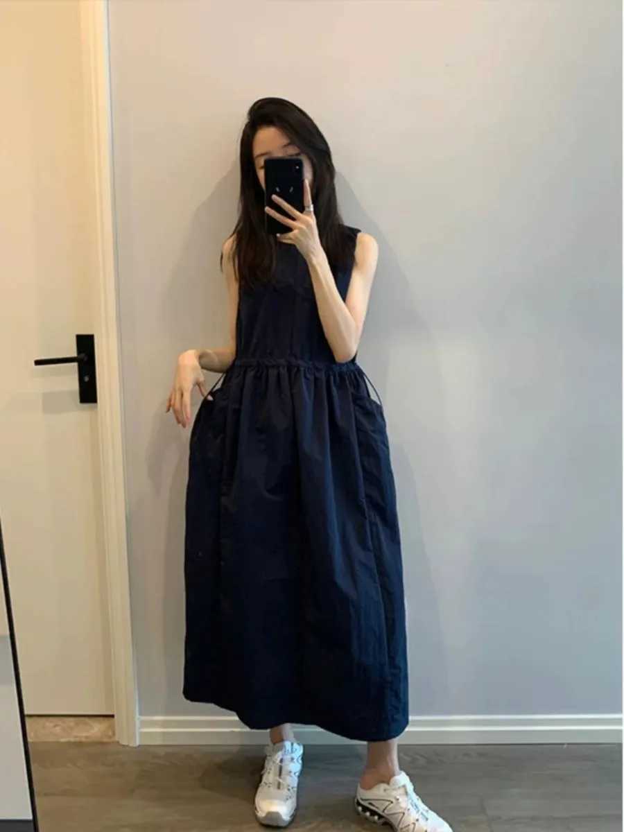 Loose Casual Womens Dr Summer 2026 New Korean Sle Dstring Waistl Svel Vest Skirt A-Line Midi round NeT260314