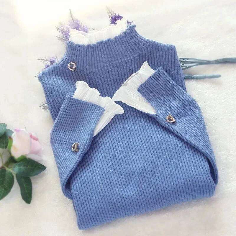 Turtleneck Women Sweaters Korean Lace Patchwork Female Warm Pullovers Autumn Elegant Chic Flare Sleeve Ladies Casual Tops Z260313