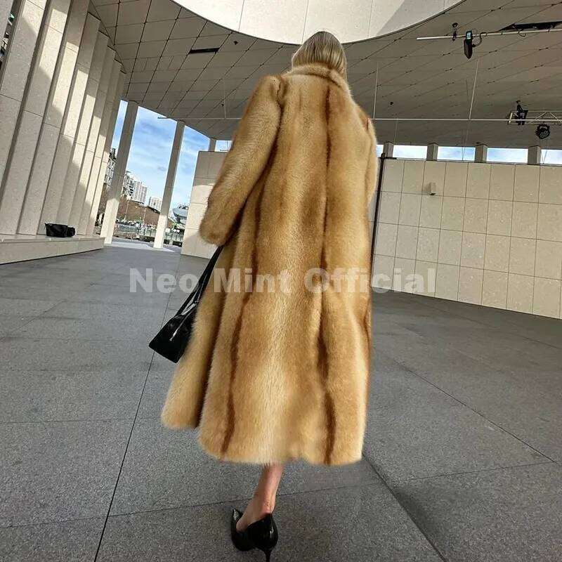 Neo Mint Runway Fashion Yellow Striped Maxi Long Faux Coat Jacket Women Winter Brand Fluffy Fox Fur Overcoat Girls Outerwear Z260313