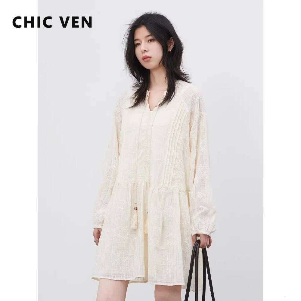 CHIC VEN Fashion Women Dresses Solid Loose Casual New Long Sleeved Female Dress Beach Party Spring Summer 2026