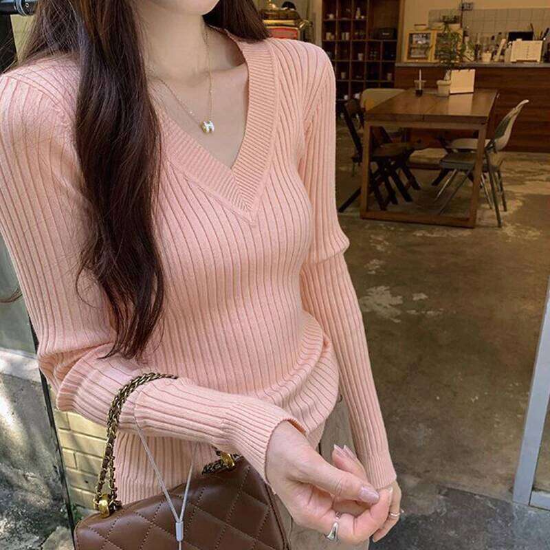 Chic V Neck Knit Sweater Women Korean Solid Simple Office Lady Long Sleeve Pullovers All Match Slim Fit Gentle Bottoming Jumpers Z260314