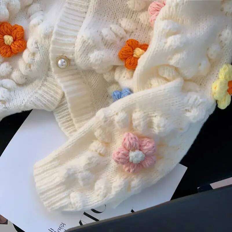 Kawaii 3D Flower Embroidery Knitted Cardigan Women Long Sleeves Single Braested Contrast Color Sweater 2024 Autumn Z260313