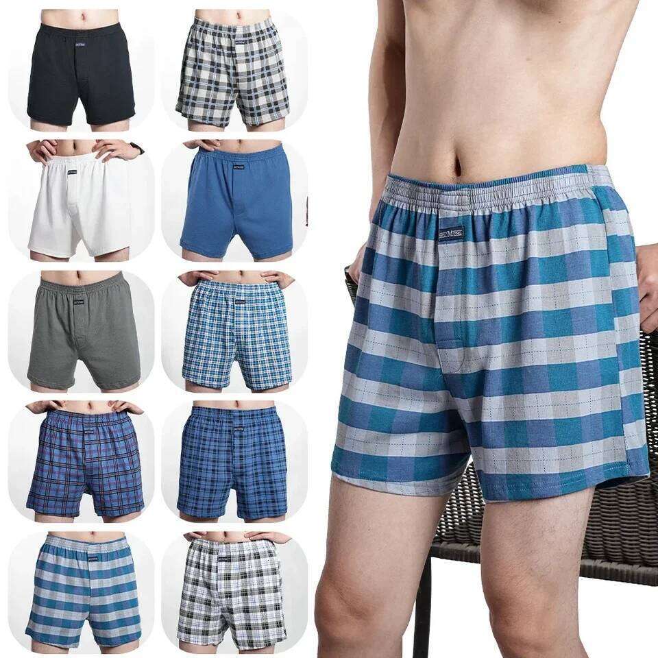 Men's Pure Cotton Boxer Shorts Underwear High Waist Big Underpants Casual Plaid Plus Size Aro Pants Pajama Bottoms at home M-3XL
