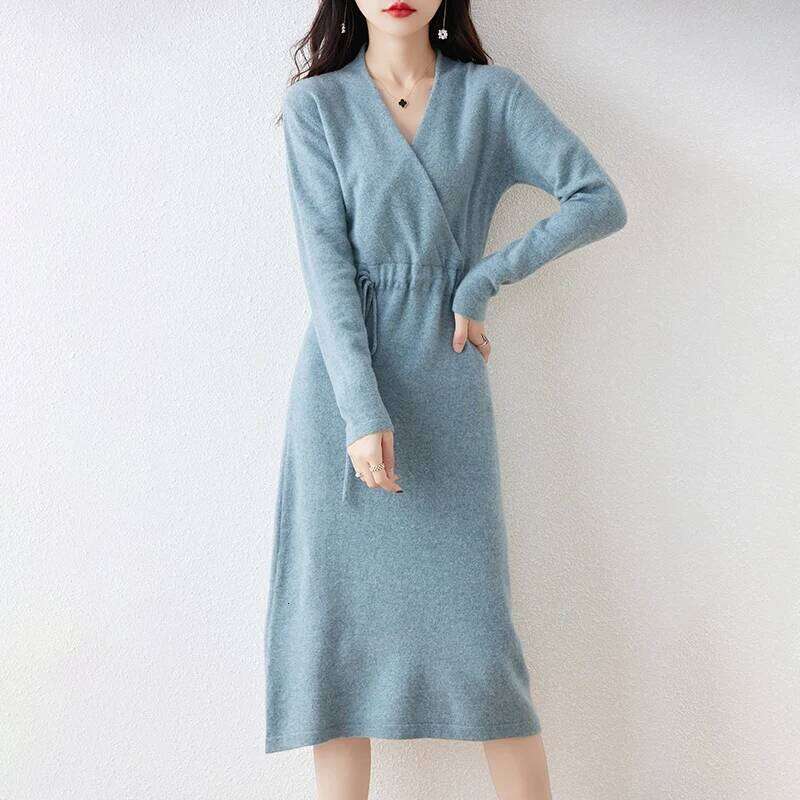 Autumn And Winter New 100% Pure Wool V-Neck Solid Color Lace-Up Long Cashmere Knit Bottoming Sweater Dress Z260314
