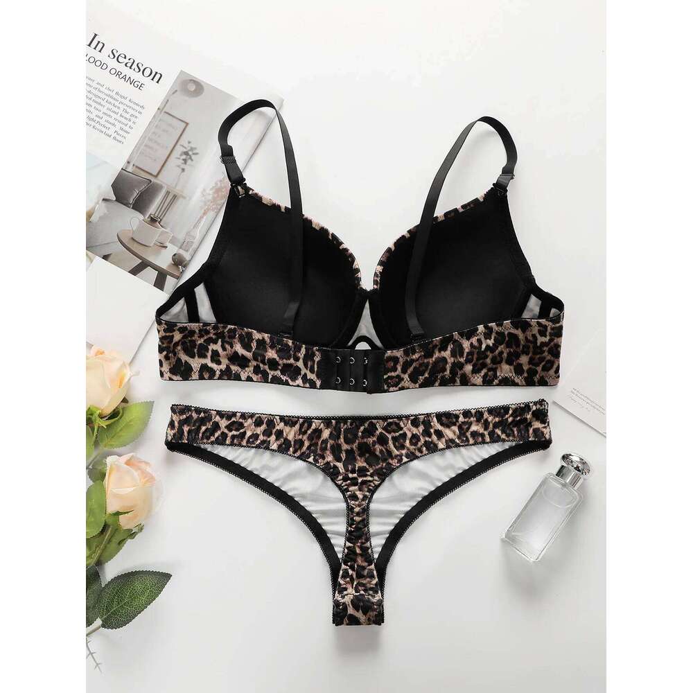 Women's sexy leopard print with steel ring gathering push up bra comfortable close fitting lingerie set B2087