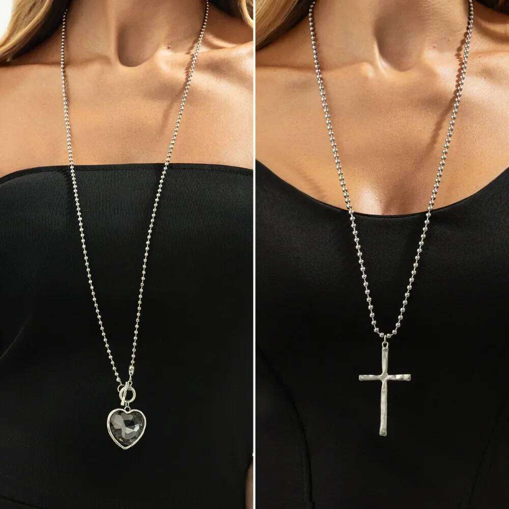 Original Design Liquid Metal Cross Acrylic Crystal Heart Pendant Long Necklace for Women Trendy Jewelry Two Ways To Wear It H260312