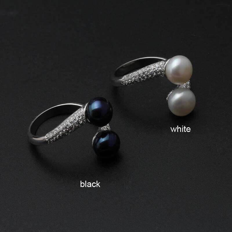 Real 925 Sterling Silver Double Rings Woman,White Natural Freshwater Pearl Ring Adjustable Wife Mother Anniversary Gift H260312