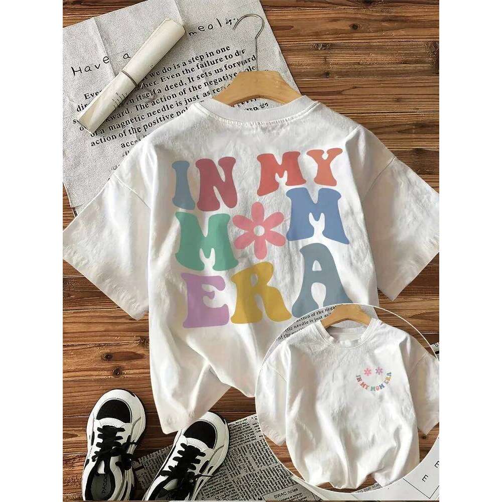 In My Mom Era Pattern Printed T-shirt Women Casual Round Neck Short Sleeve Colorful Letter and Flower Design Pure Cotton Top Z260314