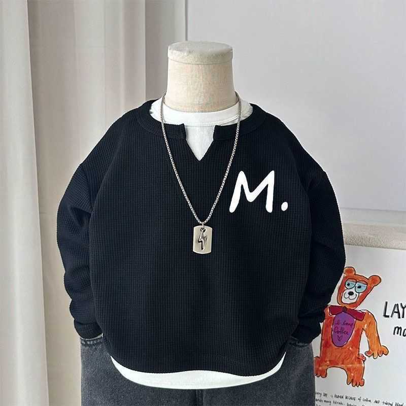 Clothing Sets (waffle weave) faux two-piece printed loose top for boys in spring and autumn