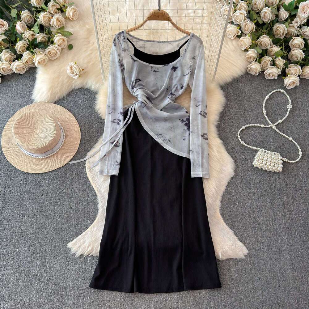 Light colored mature style drawstring irregular mesh print off shoulder T-shirt retro solid color camisole skirt two-piece set