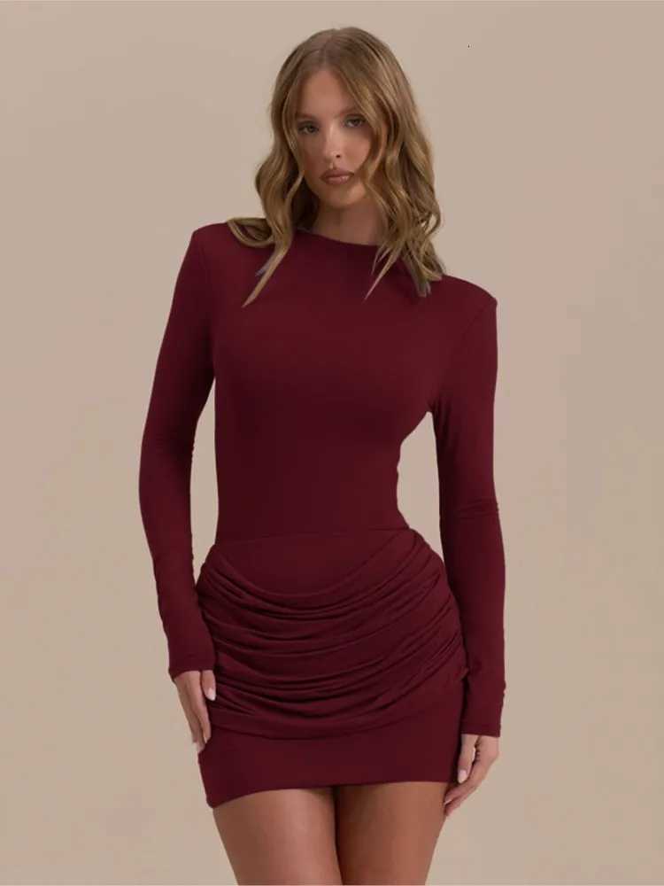 Solid Color Gathered Hip Cover Long Sleeve Dress Womens Spring Summer New Casual Round Neck Dresses For Women Ropa MujerT260314