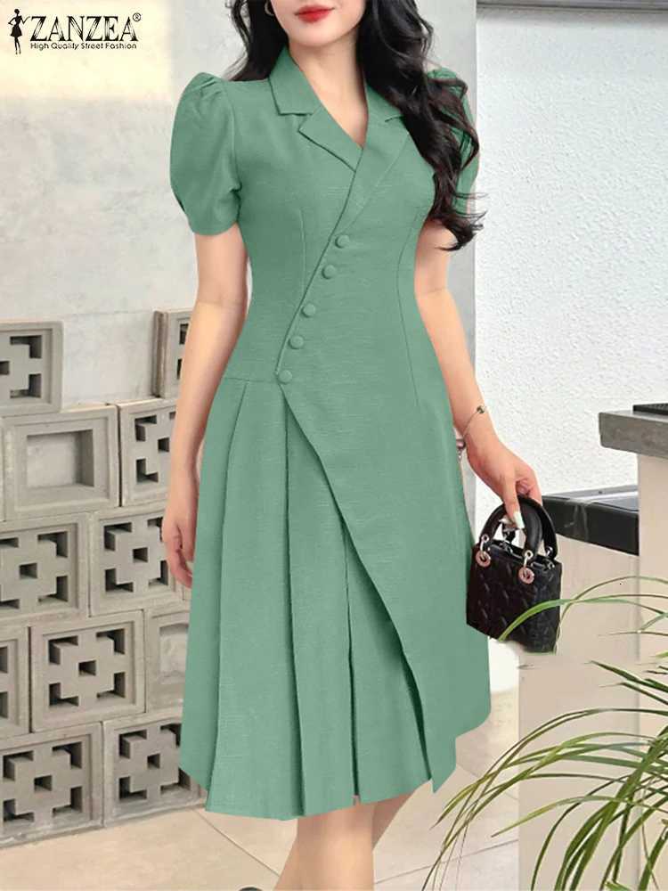 ZANZEA Women OL Work Dress Elegant Knee-Length Suits Sundress Summer 2025 Casual Short Sleeve Vestidos Solid Lapel Neck RobesT260314