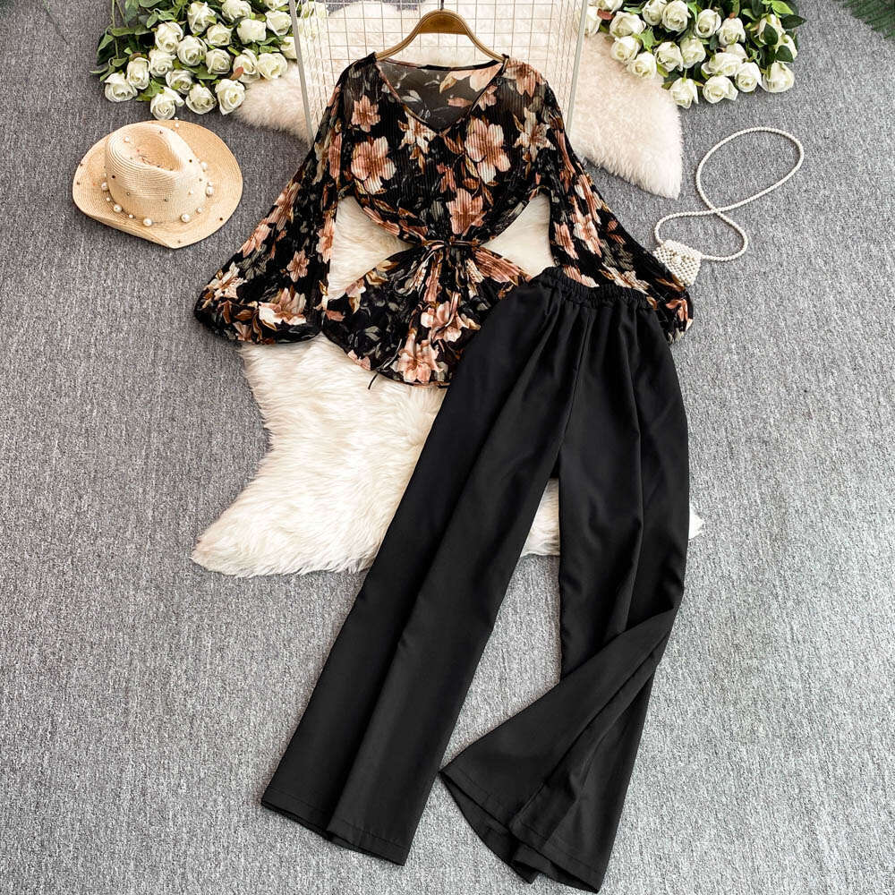 Designer ladies elegant mature style two-piece loose waistband A12 flower pleated shirt high waist wide leg straight leg suit pants