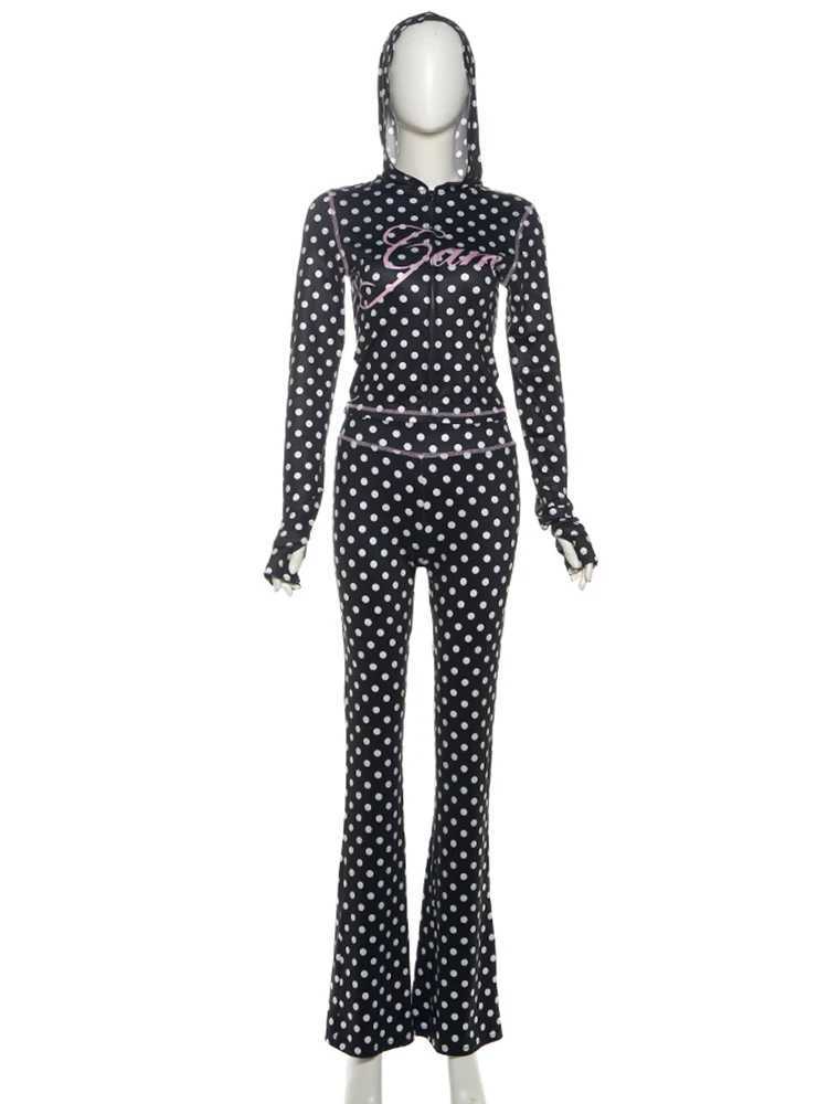 Weird Puss Polka Dot Letter Print 2 Piece Set Woman Tracksuit Trend Sexy Hooded JacketPants Skinny Stretch Matching Streetwear M260313