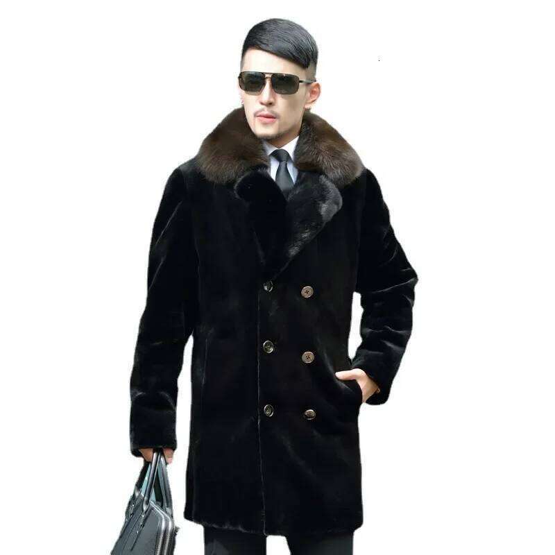 Suit Collar Double-breasted Faux Men Luxury Brand Winter Thick Warm Fur Slim Korean Trench Coat Long Sleeve New Z260313