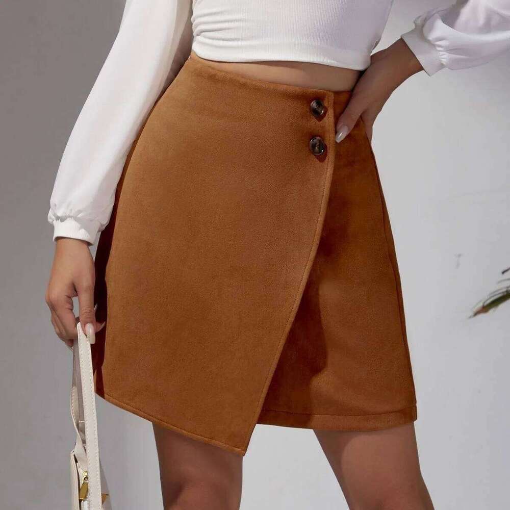 New Arrival 2025 Women's Autumn Winter Suede Irregular Skirt Solid Color High Waist Zipper Button Short Skirts For Woman Z260314