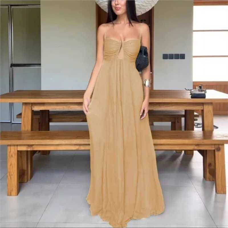 Elegant Spaghetti Strape Holiday Party Dress Women Summer Sleeveless Hollow Out Casual Maxi Dresses Sexy Backless Dress 2025T260314