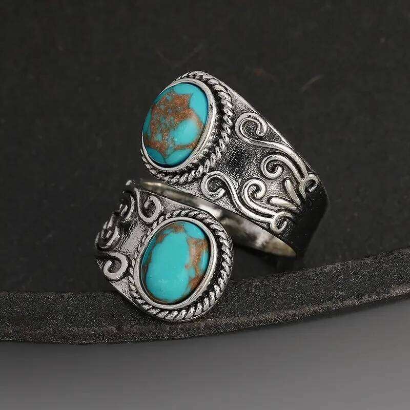 Huitan Vintage Style Opening Ring Female Anniversary Party Accessories Retro Blue Imitation Turquoise Stones Finger Jewelry Gift H260312