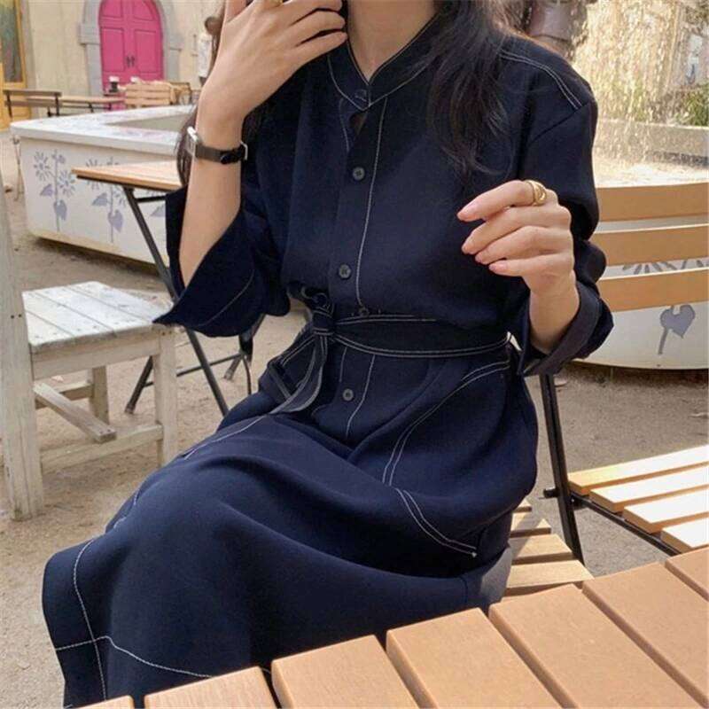 REALEFT Spring Autumn Single Breasted Women's Shirt Dresses Sashes 2024 New Stand Collar Korean Casual Straight Dress Female Z260314