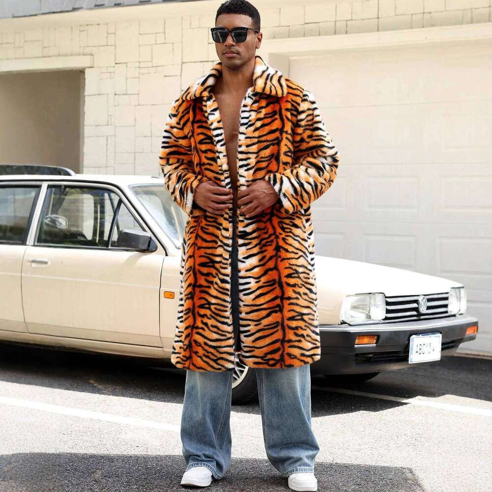 Men Tiger Stripe Coat Faux Fur Jacket Color Blocked Turn Down Collar Long Sleeve Single Breasted Loose Casual 2025 Autumn Winter Z260313