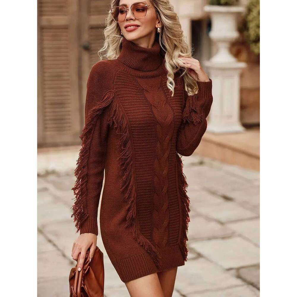 Thickened Warm Women's Autumn Winter Fashion Elegant High Collar Long Sleeve Knitted Dress Solid Color Pullover Z260314
