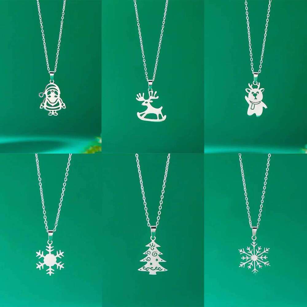 Silver Color Stainless Steel Christmas Pendant Necklace For Women Men ly Santa Claus Xmas Tree Deer Snowflake Choker Jewelry H260312