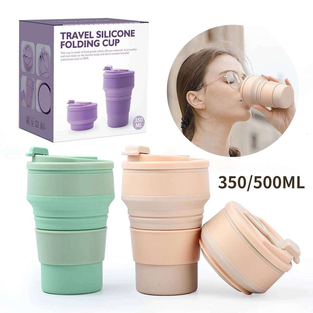 350ml 500ML Food-Grade Silicone Collapsible with Lid Camping Reusable Portable Folding Coffee Tea Cups for Travel Z260314