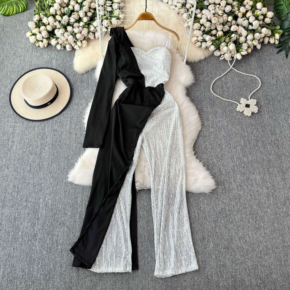 Socialite high-end elegant women's jumpsuit fashionable niche light luxury off shoulder lace up long sleeved sequin splicing