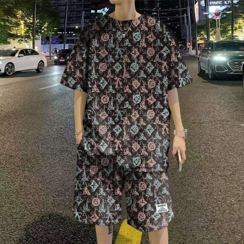 Summer New Fashion Trend Printed Short Sleeve T-shirt Sports Suit Men Loose Comfortable Breathable Plus Size Two-Piece Set 4XL Asia Size