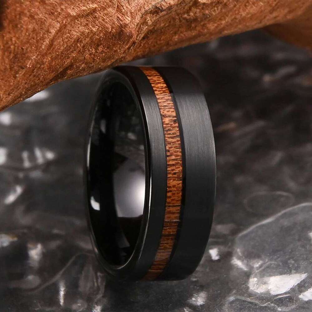 8mm brushed wood inlay black tungsten mens wedding band ring, anniversary gift,comfort fit jewelry H260312