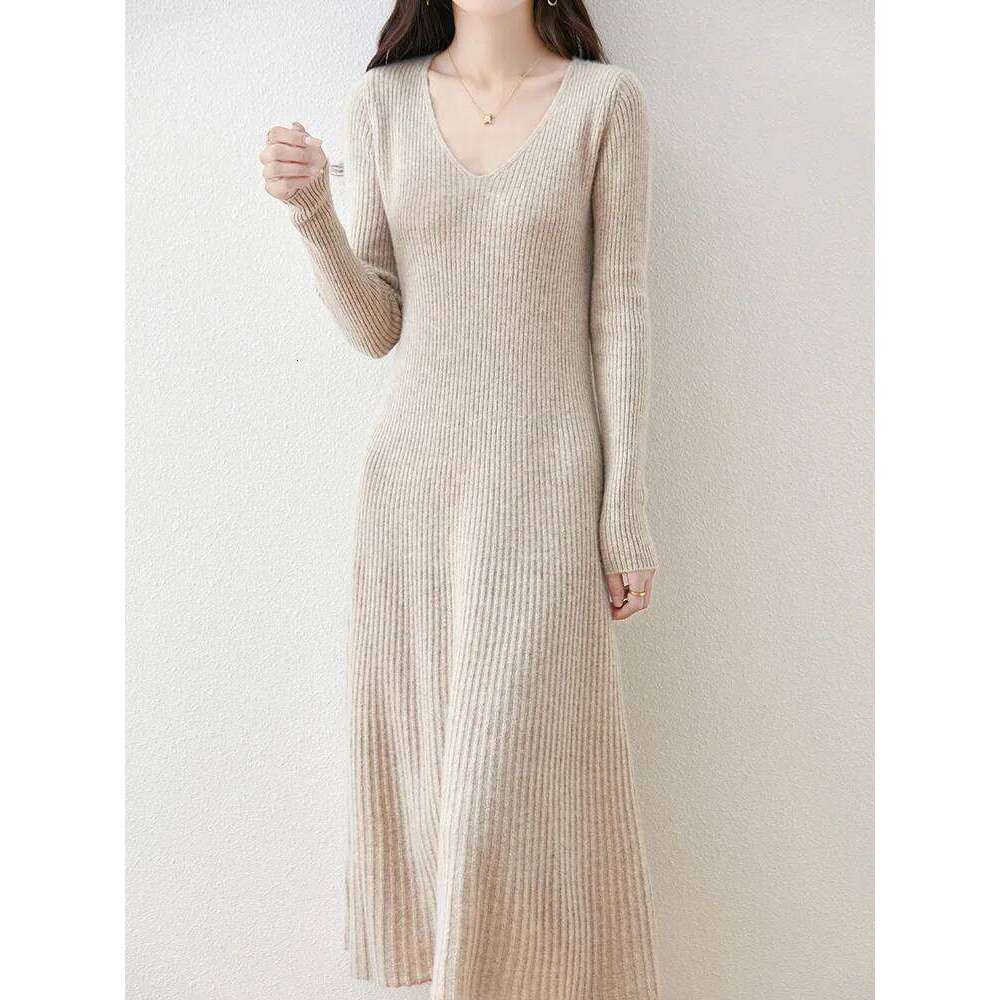 Mini Star Women Sweater Dress V-neck Pullover 100% Merino Wool Knitwear Autumn Winter Cashmere Soft Fit-Flare A-Line Skirts Z260314