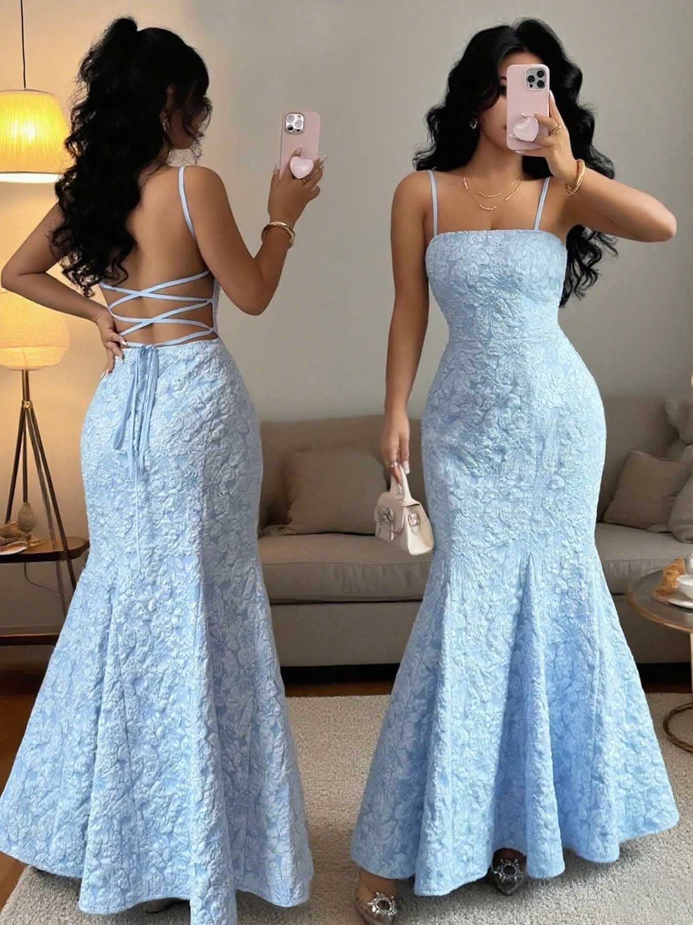 Womens Mermaid Dress Light Blue Spaghetti Strap Backless Lace-Up Maxi Skirt Formal Prom Spring Summer Elegant Evening GownT260316
