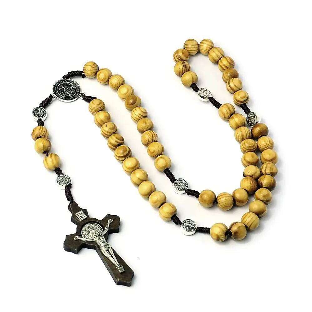 Handmade Rosary Religious Catholic Wood Beads Necklace Car Ornament Mellow Crucifix Pendant Chain Women H260312