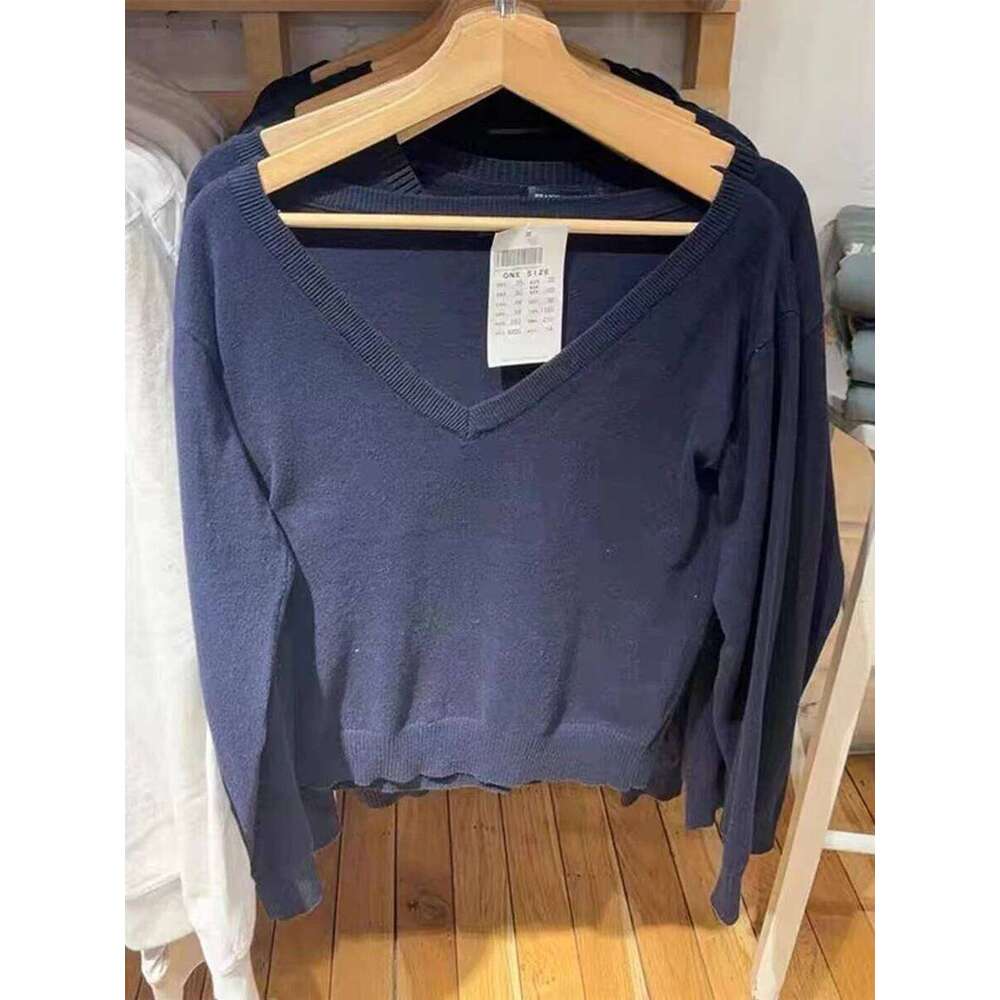 Solid V Neck Vintage Knitted Sweater Women Autumn Winter Cotton Long Sleeve Pullover Jumper Navy Simple Slim Streetwear Tops Y2k Z260313