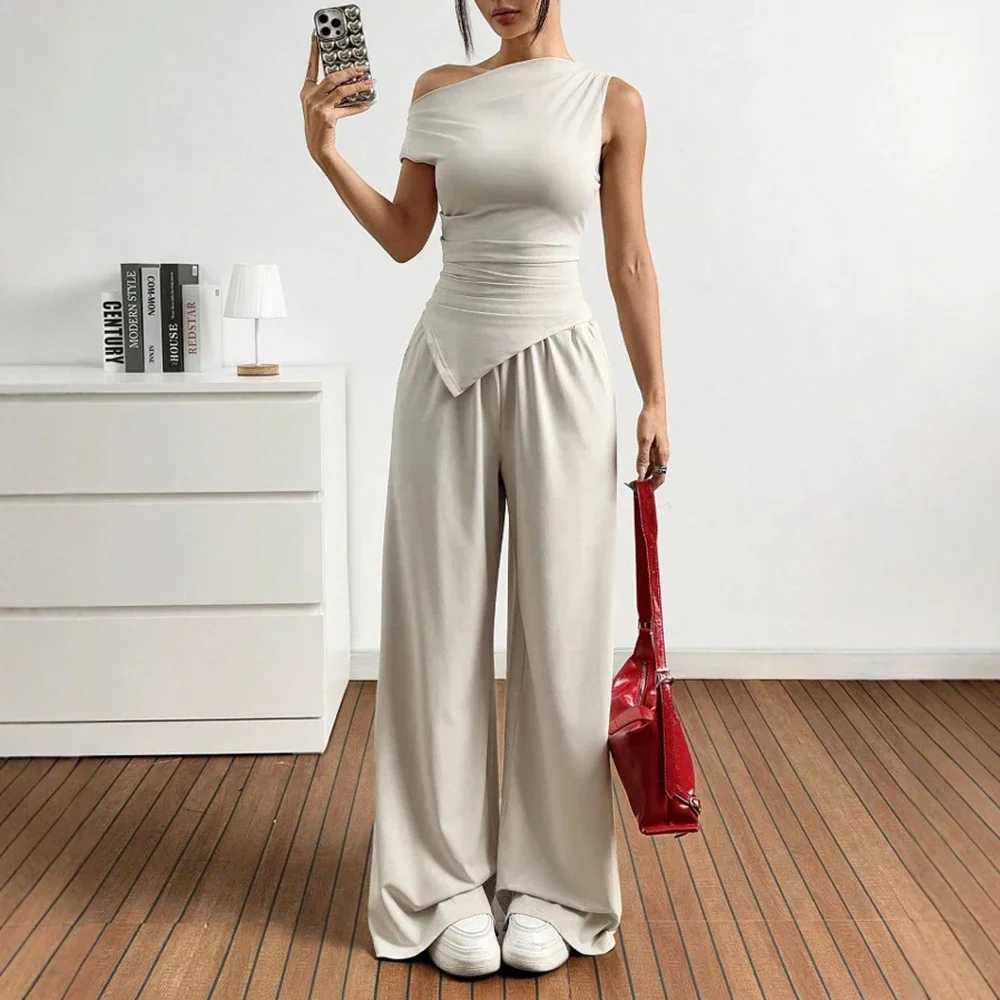 Sets Summer Casual Plain Asymmetrical Short Sleeve One-Shoulder T-Shirts Full Length Wide Leg Pants Sets For Women M260313