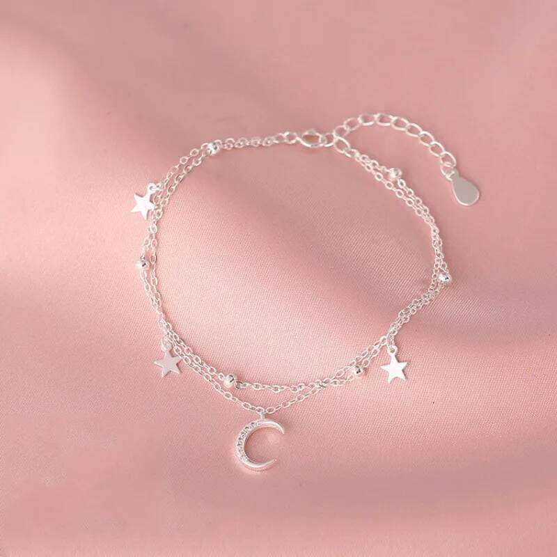 Sweet Temperament Sterling Silver Adjustable Star Moon Double-layer Bracelet for Women Summer Jewelry Accessories Gift Colorfast Z260313