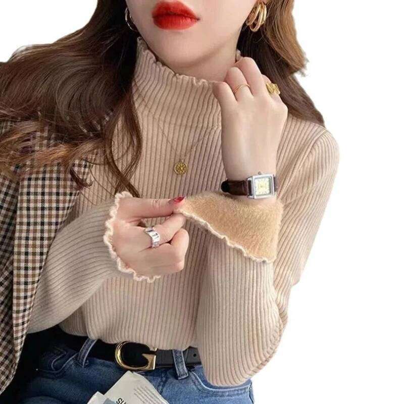 Winter Thickened Long-Sleeved Semi-Turtleneck Bottoming Shirt with Fleece Inner Integrated Threaded Foreign Style Top for Women Z260313
