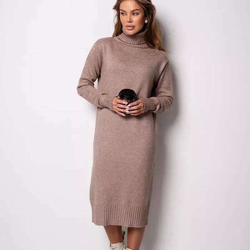 Ribbed Turtleneck Knitted Women Autumn Winter Basic Sleeve Sweater Dress Woman Solid Color Long Dresses Female Z260314