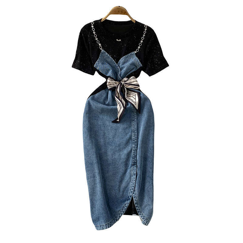 Designer style retro color blocked denim women's spliced round neck dress, summer tie for slimming and elegant slit