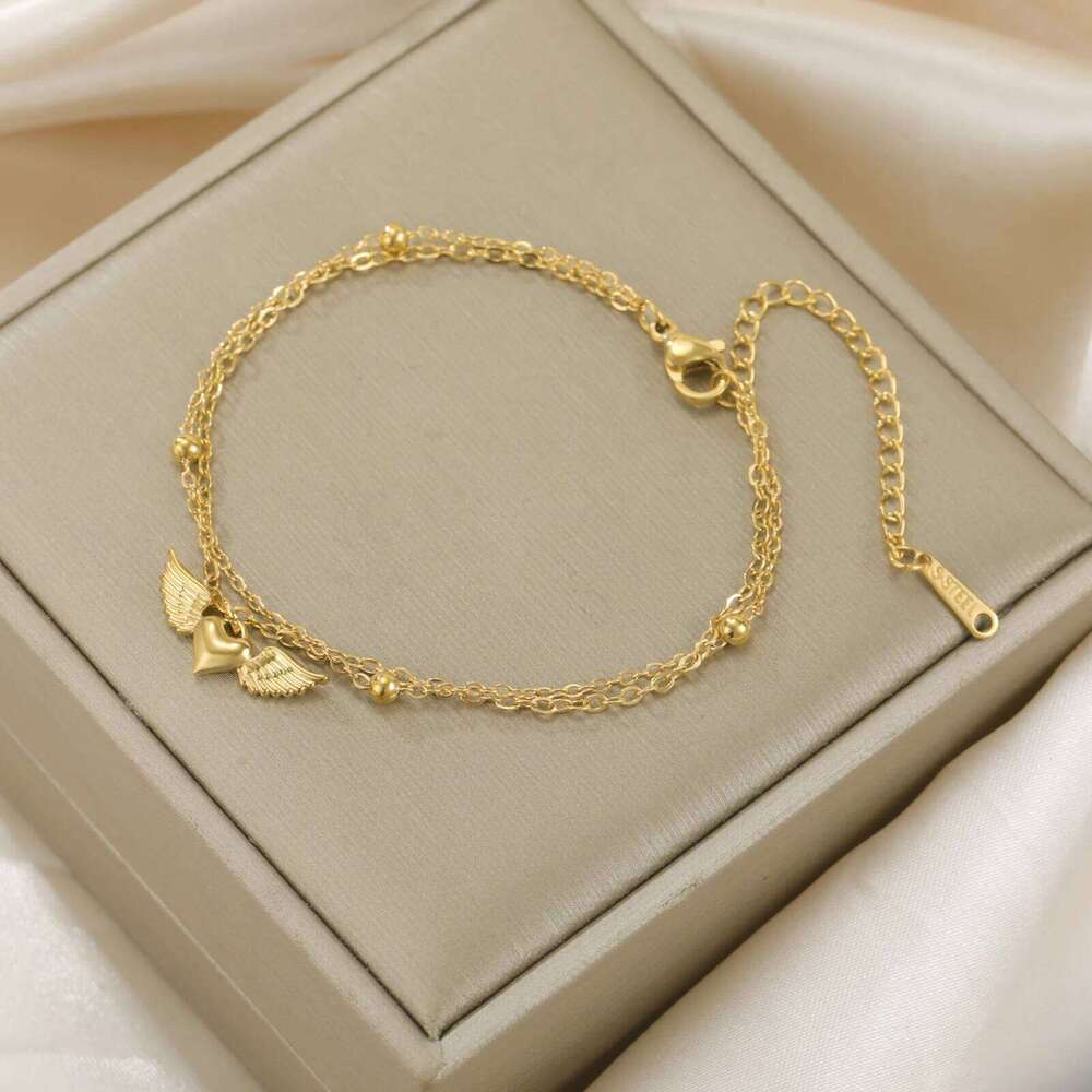 Teamer Heart Wing Charm Bracelet Stainless Steel Gold Color Adjustable Double Layer Beads Chain For Women Girls Trendy Jewelry Z260313
