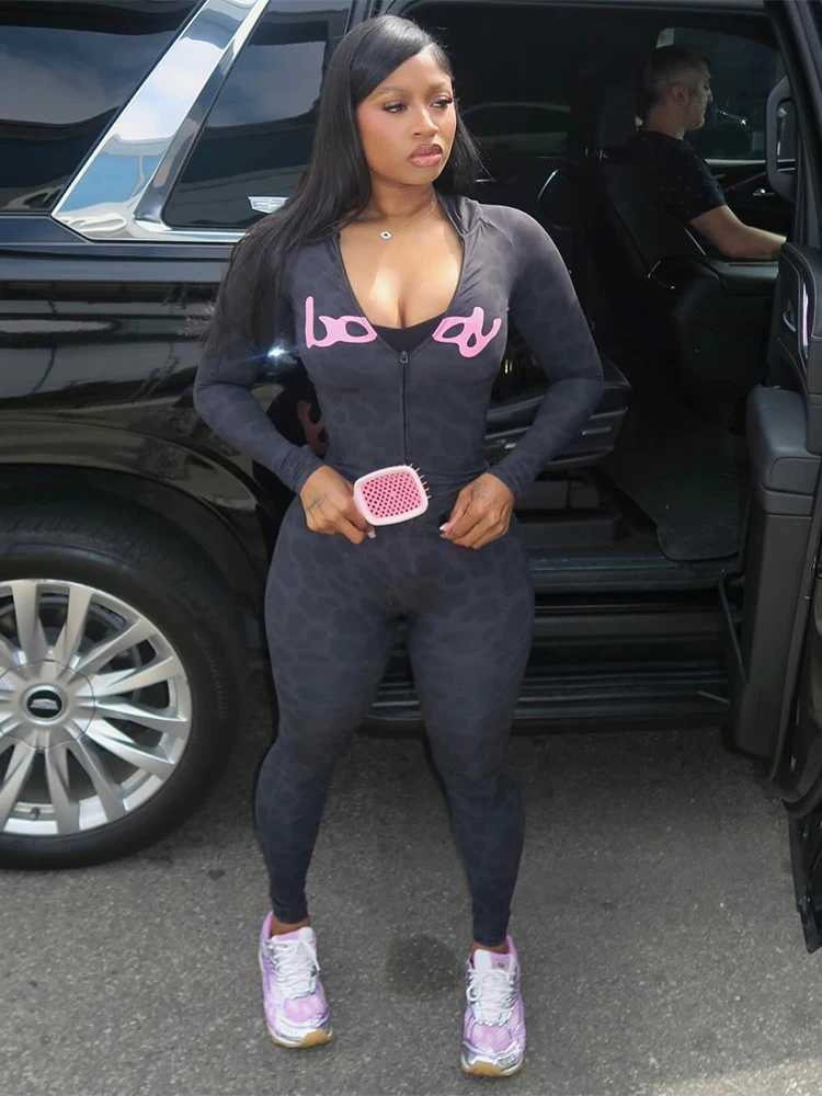 Weird Puss Letter Leopard Print 2 Piece Set Women Casual Zip Hooded Crop JackeLeggings Matching Stretch Sporty Street Outfits M260313