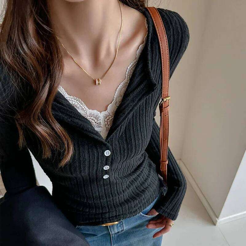 Vintage Y2K Lace Patchwork Sweater Women Korean Design Striped Knitted Jumpers Ladies Fashion Slim Elastic Bottoming Knitwear Z260313