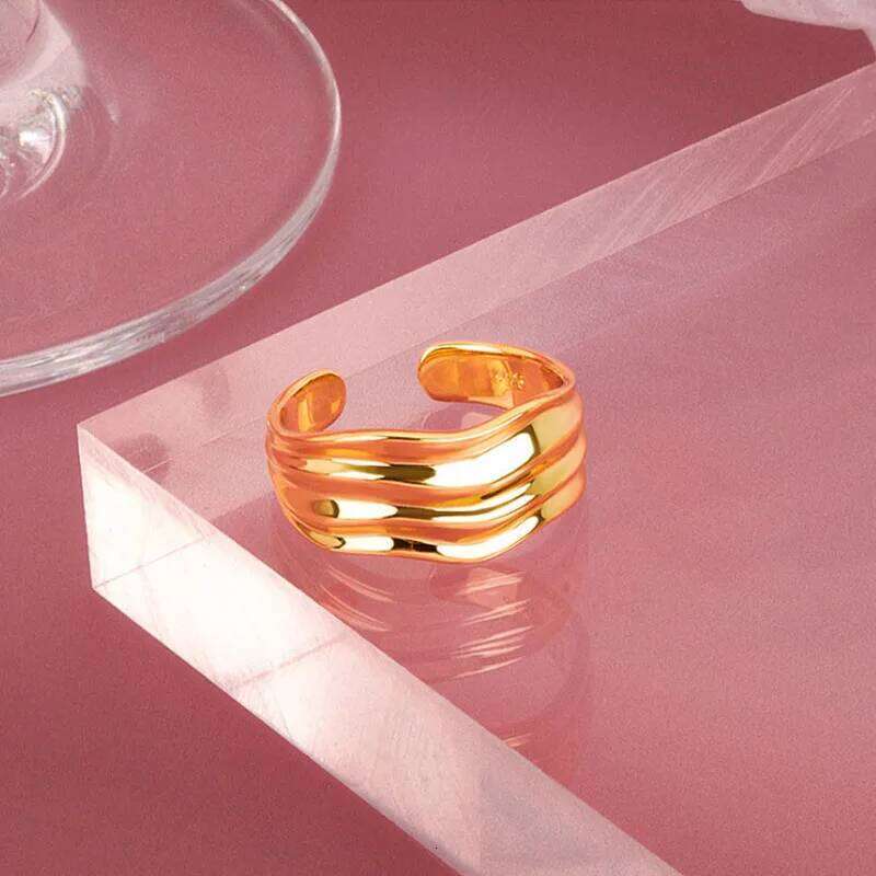 VENTFILLE 925 Silver Gold Color Open Ring for Women INS Niche Irregular Wave Sand Surface Wide Noodle Party Birthday Gift H260312