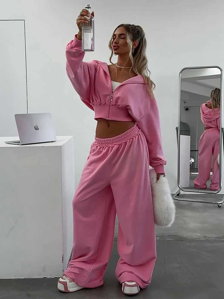 Kliou Casual Sporty 2 Piece Set Woman Zip Cardigan Full Sleeve Hooded Crop JacketElastic Waist Long Pants Daily Fashion Outfits M260313