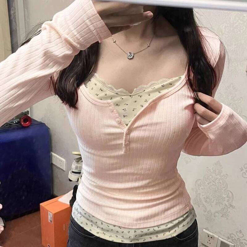Sweet Pink Printed Long Sleeve Pullovers Women Fake Two Pieces Lace Round Neck Y2K Tshirt Woman Korean Buttons Slim Fit Jumper Z260313