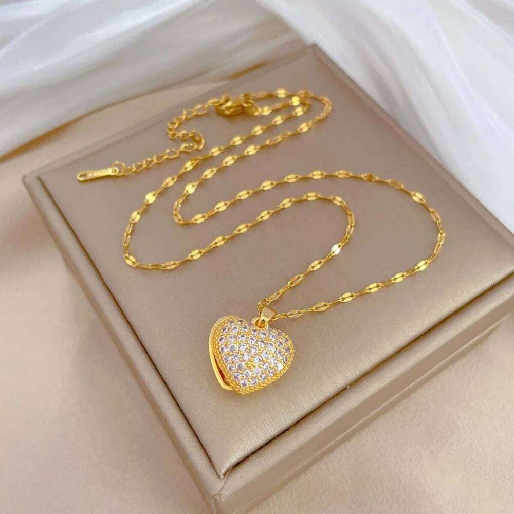 Exquisite Inlaid Zircon Openable Pendant Necklace For Women Men Stainless Steel Imitation Pearl Heart Choker Jewelry H260312