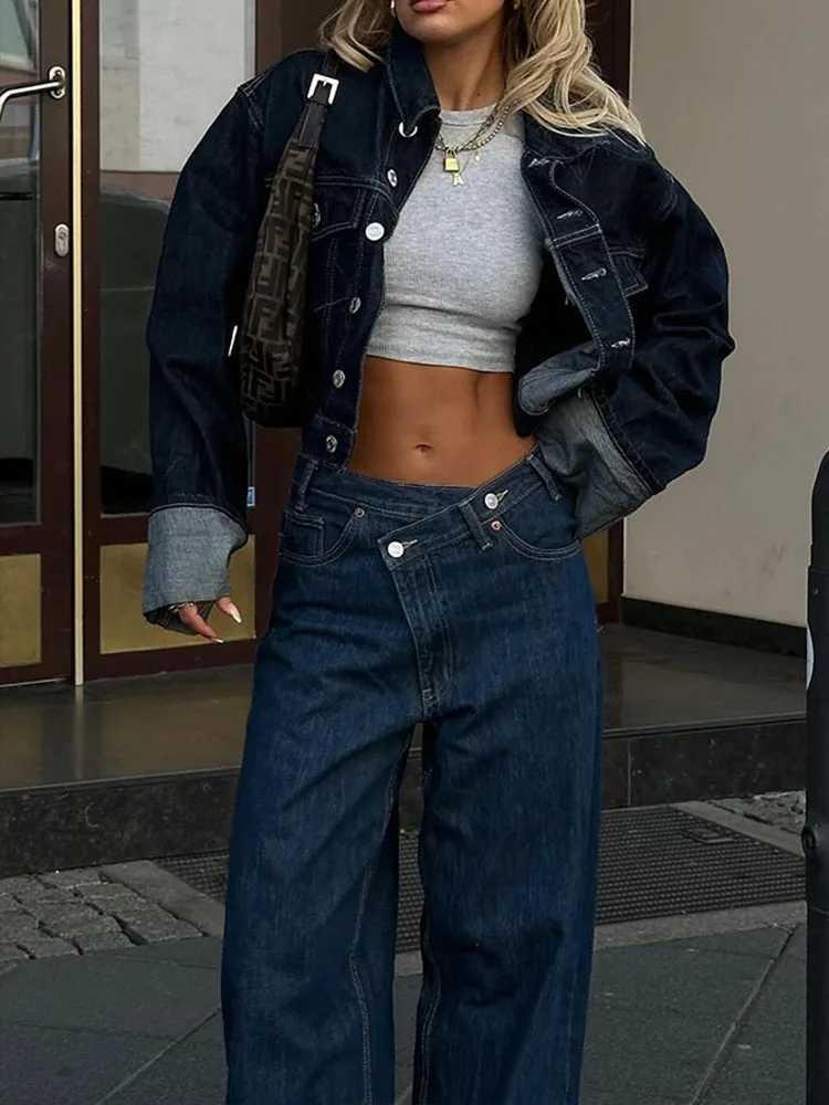 HH Womens Street Denim Suit Retro Splicing Single-breasted Pocket Short JacketHigh-waisted Womens Wide-leg Pants 2-piece M260313